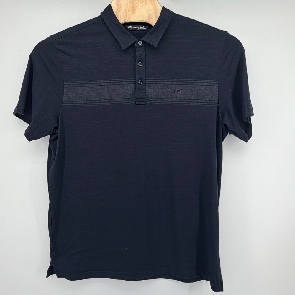 TravisMathew Polo Shirt Mens XL Black Striped Golf Performance Short Sleeve